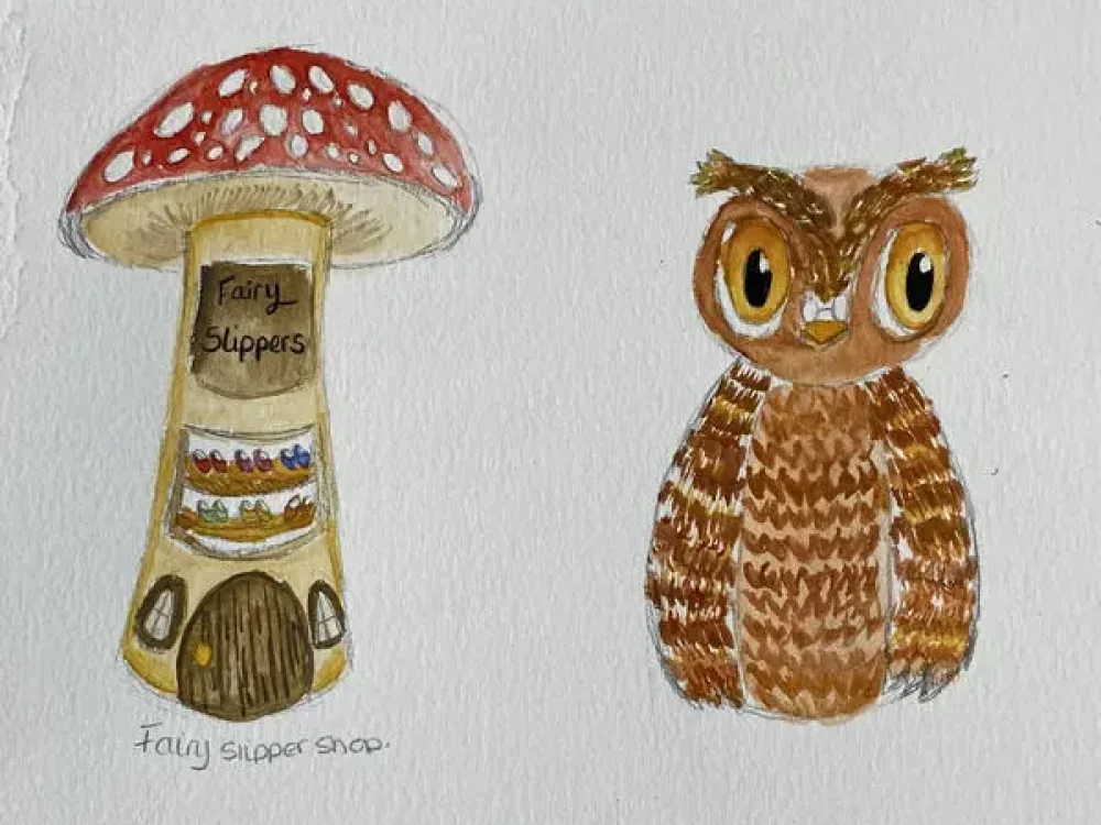 water_colour_wise_old_owl_and_fairy_slipper_shop_ water_colour_wise_old_owl_and_fairy_slipper_shop_
